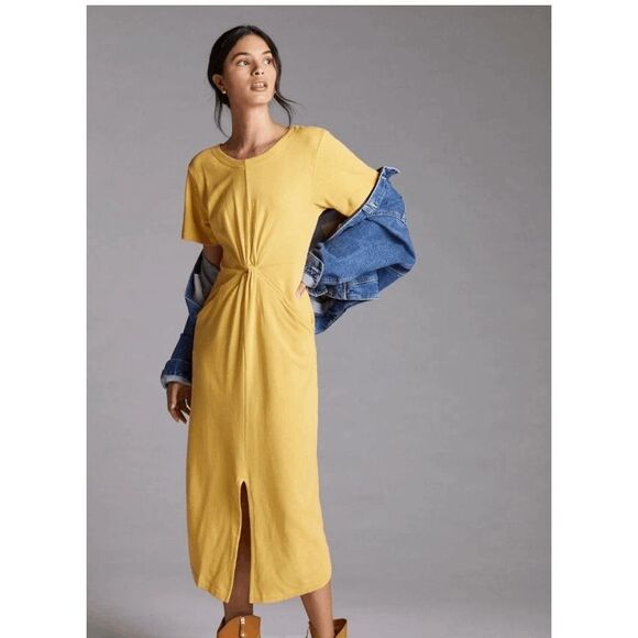 Anthropologie Daily Practive Yellow Twist-Front Midi Dress Women's Size Large - Picture 1 of 8